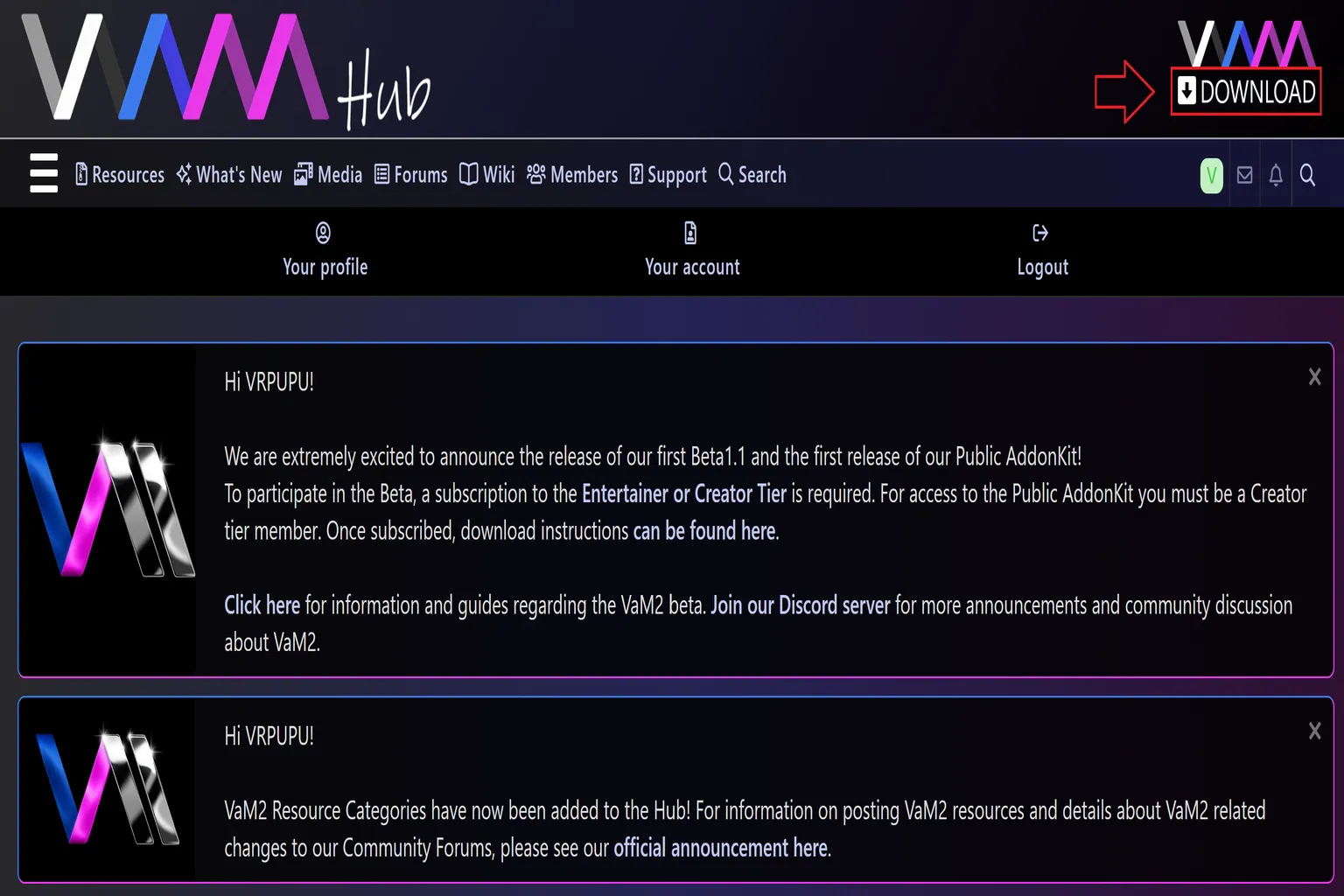 VAM Hubのアカウント登録に成功し、ページ右上にユーザー名が表示されている。
