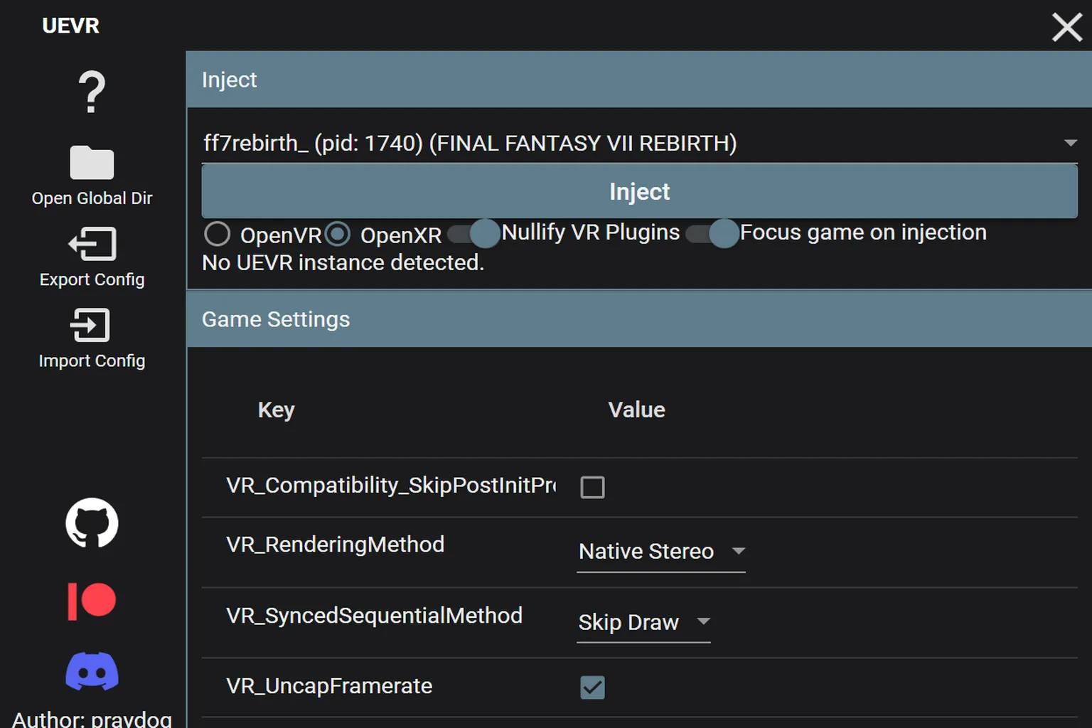 FF7リバースを正常に認識してUEVRの注入が完了し、OpenVRまたはOpenXRモードでの起動を選択できる状態になっている。