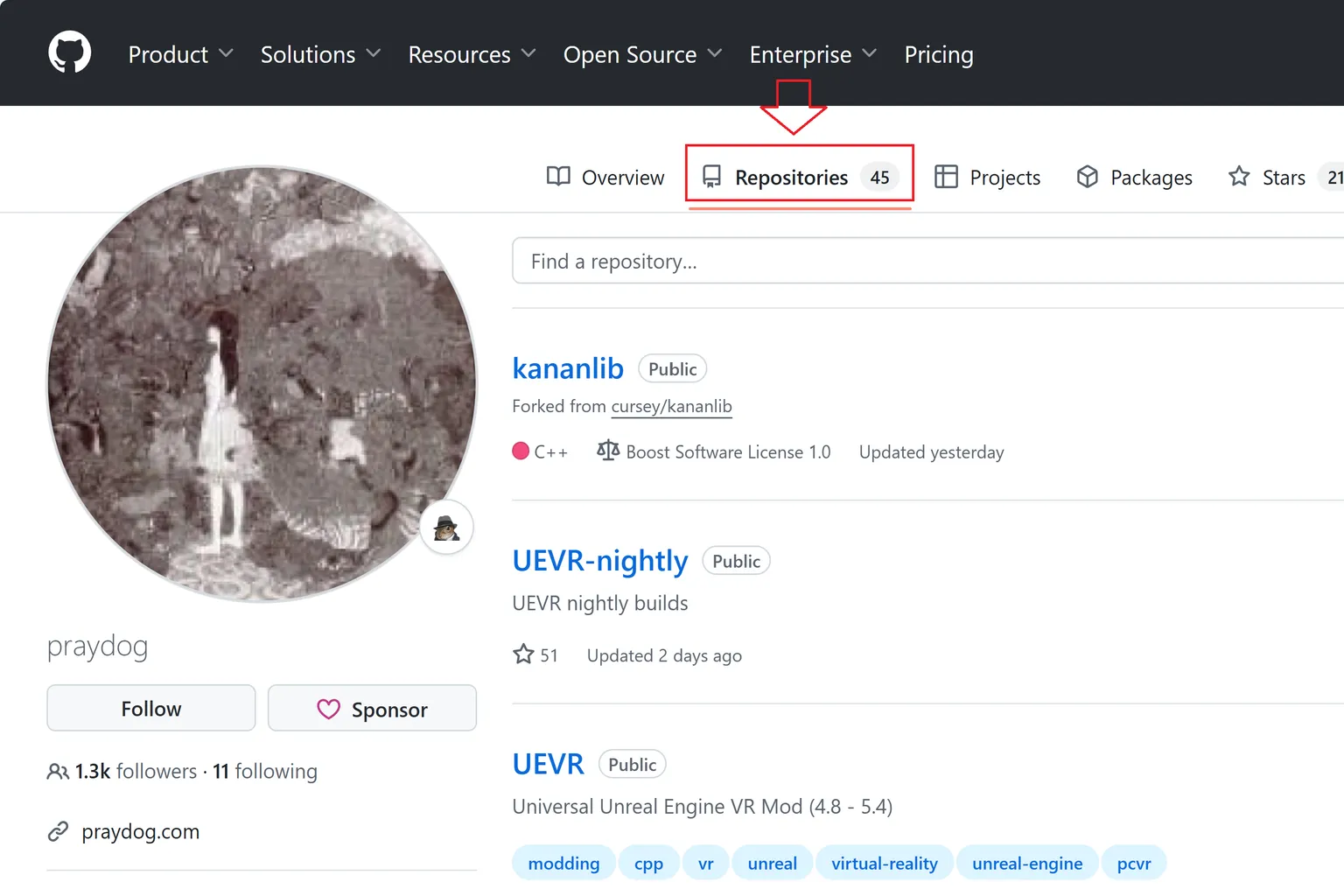 Praydogの公式GitHubトップページ。 UEVRの各種モジュールや更新版がオープンソースで提供されている。