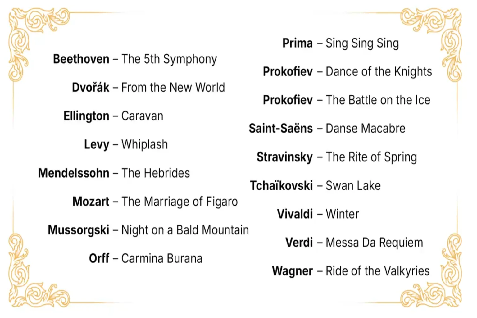 Maestro VR 収録曲リスト。ベートーヴェン第5交響曲、ロード・オブ・ザ・リング、ゲーム・オブ・スローンズなどの名曲を含む。