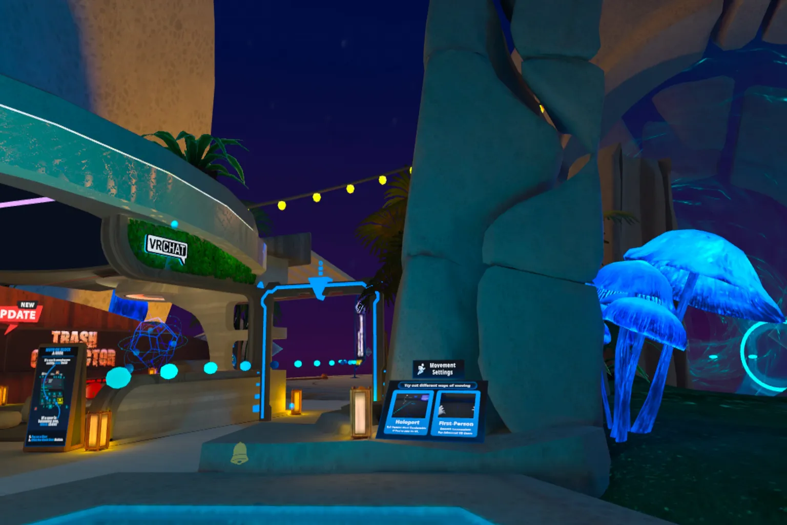 VRChatのロビー入口シーンでは、左側に案内板と光るオーブがあって、右側には発光する青いキノコが見えるぞ。
