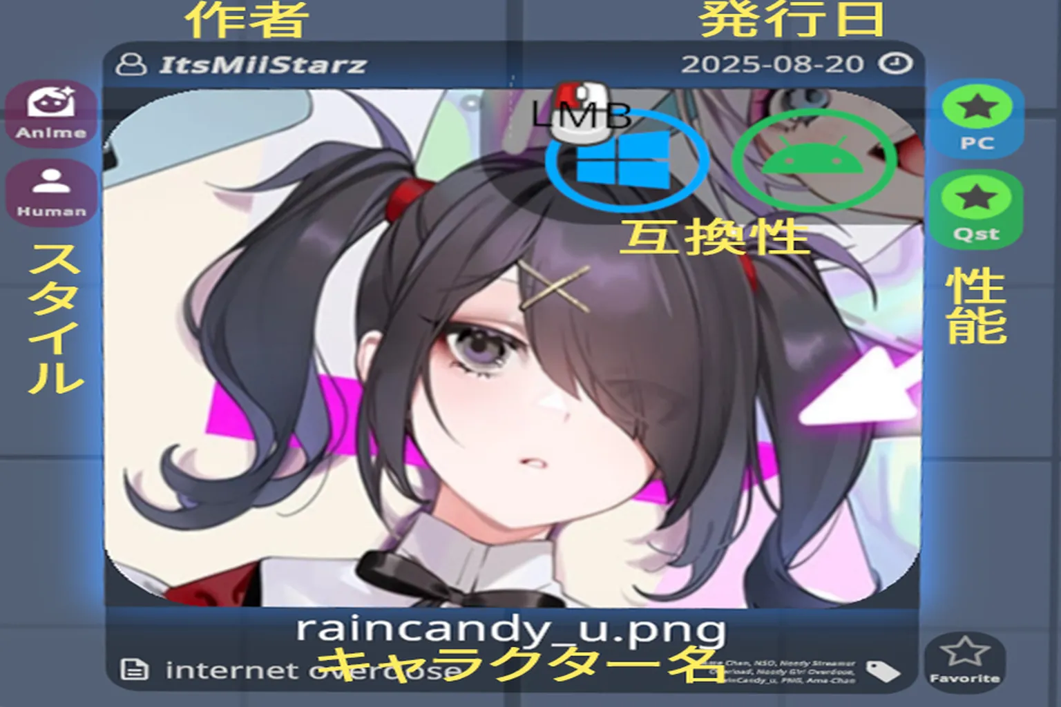 Prismic Avatar Search でアバター raincandy_u.png が検索され、PC と Android で使用可能と表示される