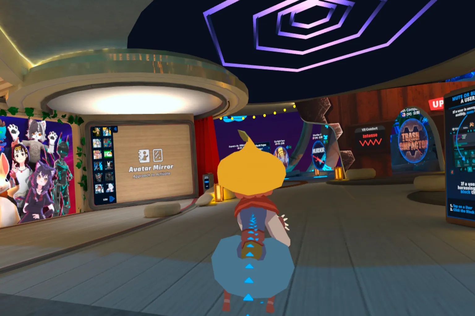 VRChatのプレイヤーがテレポート移動を実演している場面だ。 画面には青い矢印が表示されて、キャラクターの進む方向を示しているぞ。