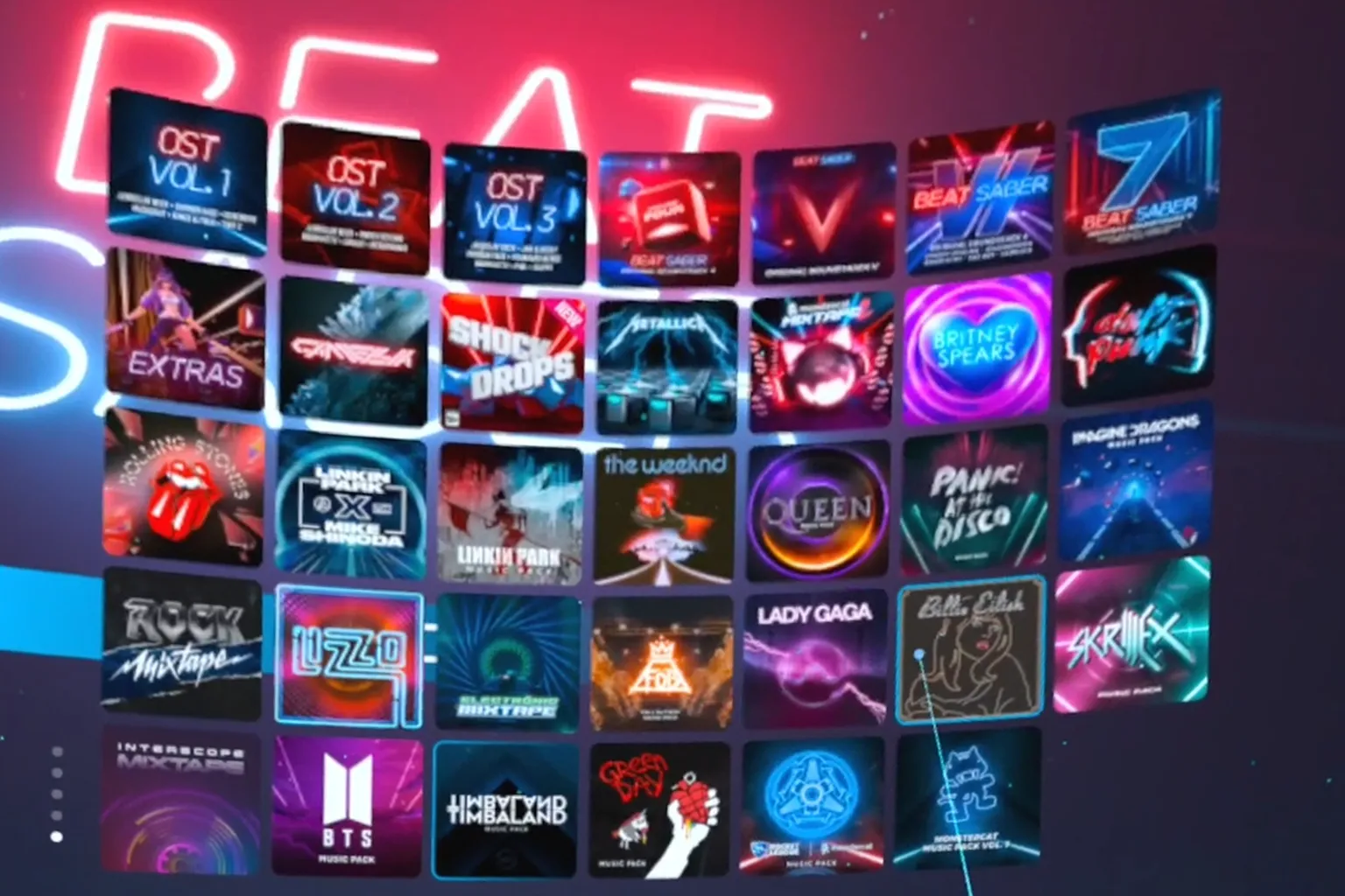 Beat Saberの音楽パック一覧、QueenやLady Gagaなど有名アーティストのアイコンが並んでいる