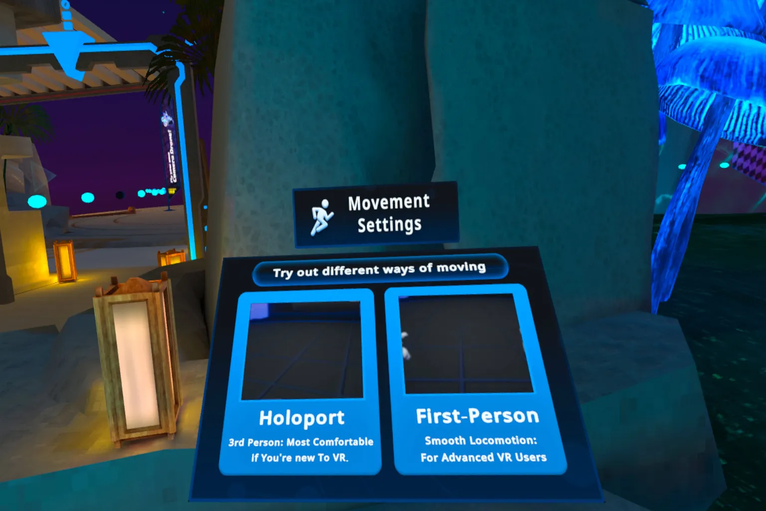VRChatロビー内の「Movement Settings」画面では、 テレポート移動の Holoport と、FPS風のスムーズ移動の2種類から選べるようになっているぞ。