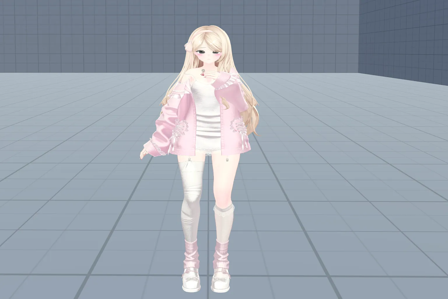 VRChat 女性アバター just a girl、金髪ロングヘア、ピンクのジャケットと白いミニスカートを着て、グリッド背景の中に立つ姿