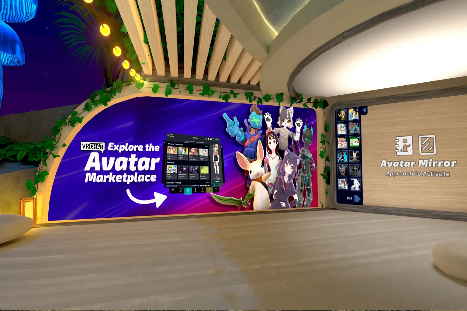 ロビー内の「Avatar Marketplace」看板には、いろんなキャラクターの姿が並んでいて、プレイヤーがそこから好きなアバターを選びに行けるよう案内しているぞ。