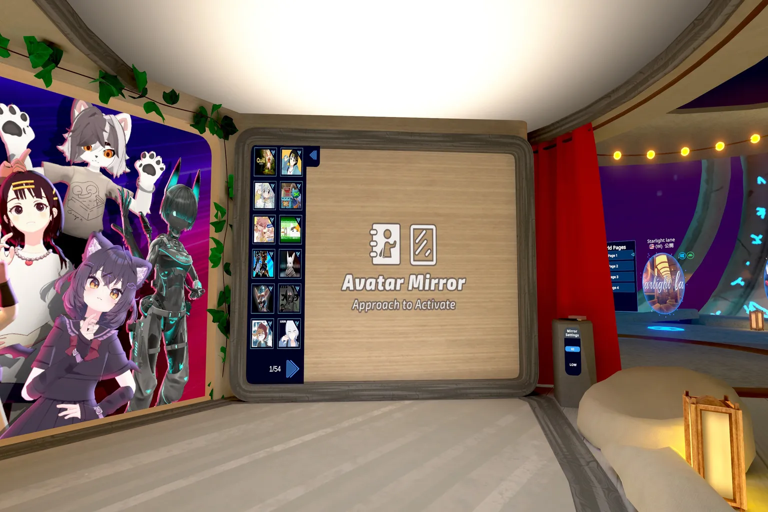 VRChatロビーにある「Avatar Mirror」では、自分の選んだアバターを鏡に映して確認できるぞ。