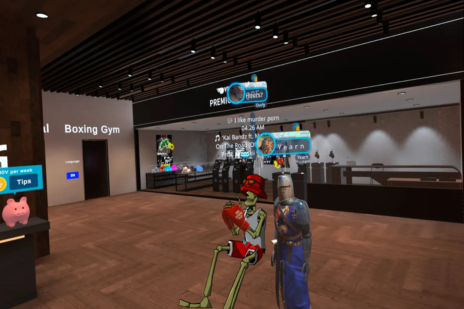 VRChatのボクシングワールド入口では、ロビーに掲示板や装備の展示があって、プレイヤーを挑戦へと迎え入れているぞ。