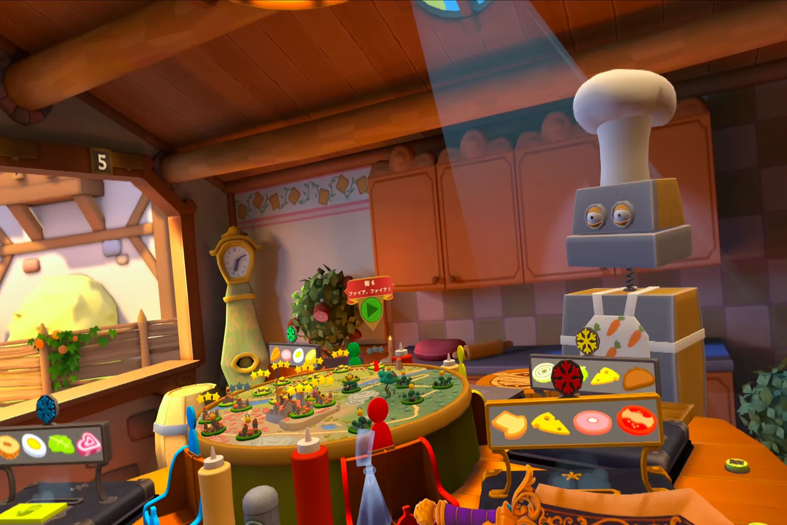 Cook-Out VR のキッチン画面。コック帽をかぶったロボットシェフが立っており、前には食材アイコンや調理用のテーブルが並んでいる。奥にはボードゲーム風のマップが配置され、レストランの冒険ステージが表示されている。