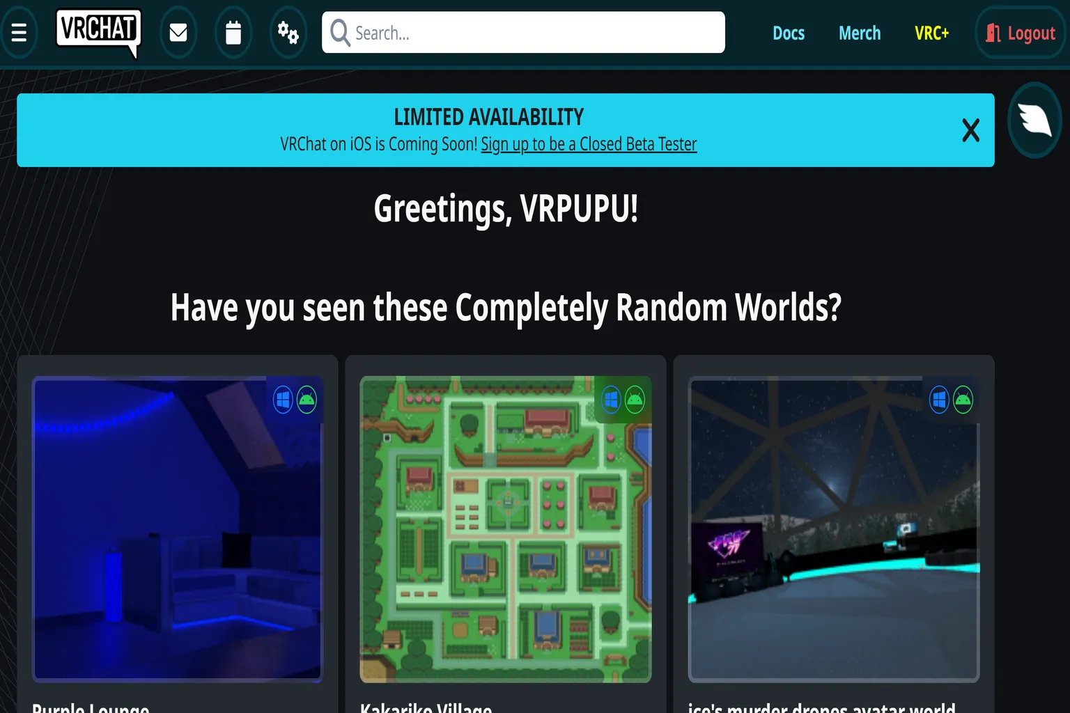 VRChat公式サイトで登録完了とログイン成功の画面が表示され、ランダムにおすすめのバーチャルワールドが案内されるぞ。