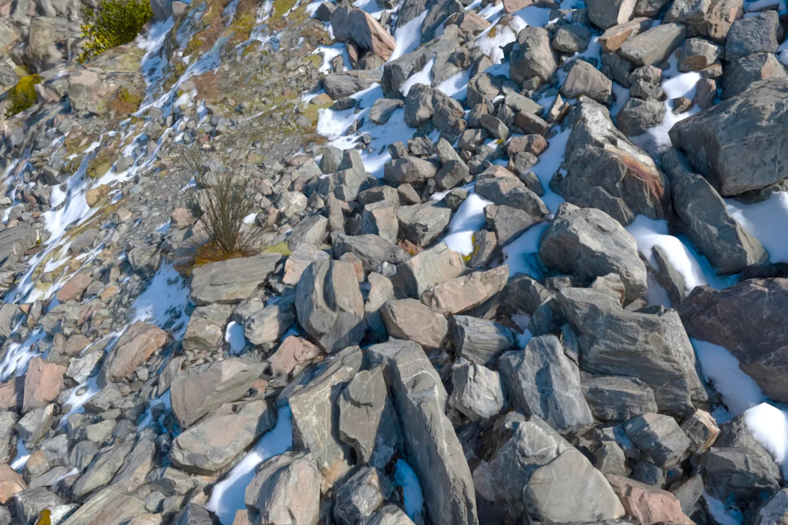 山肌に残る岩屑と雪の模様が、冷たくも美しい高山の質感をリアルに再現している。
