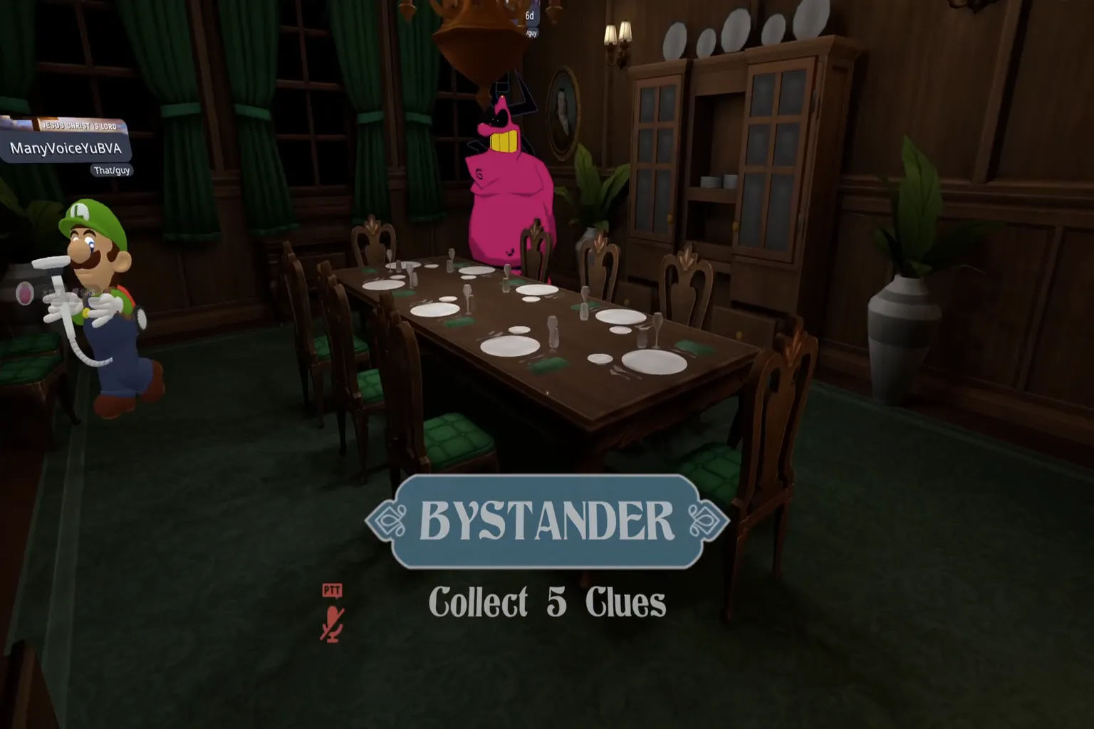 プレイヤーは「観察者（Bystander）」の役割を手に入れて、 画面には「Collect 5 Clues（5つの手がかりを集めろ）」と表示される。