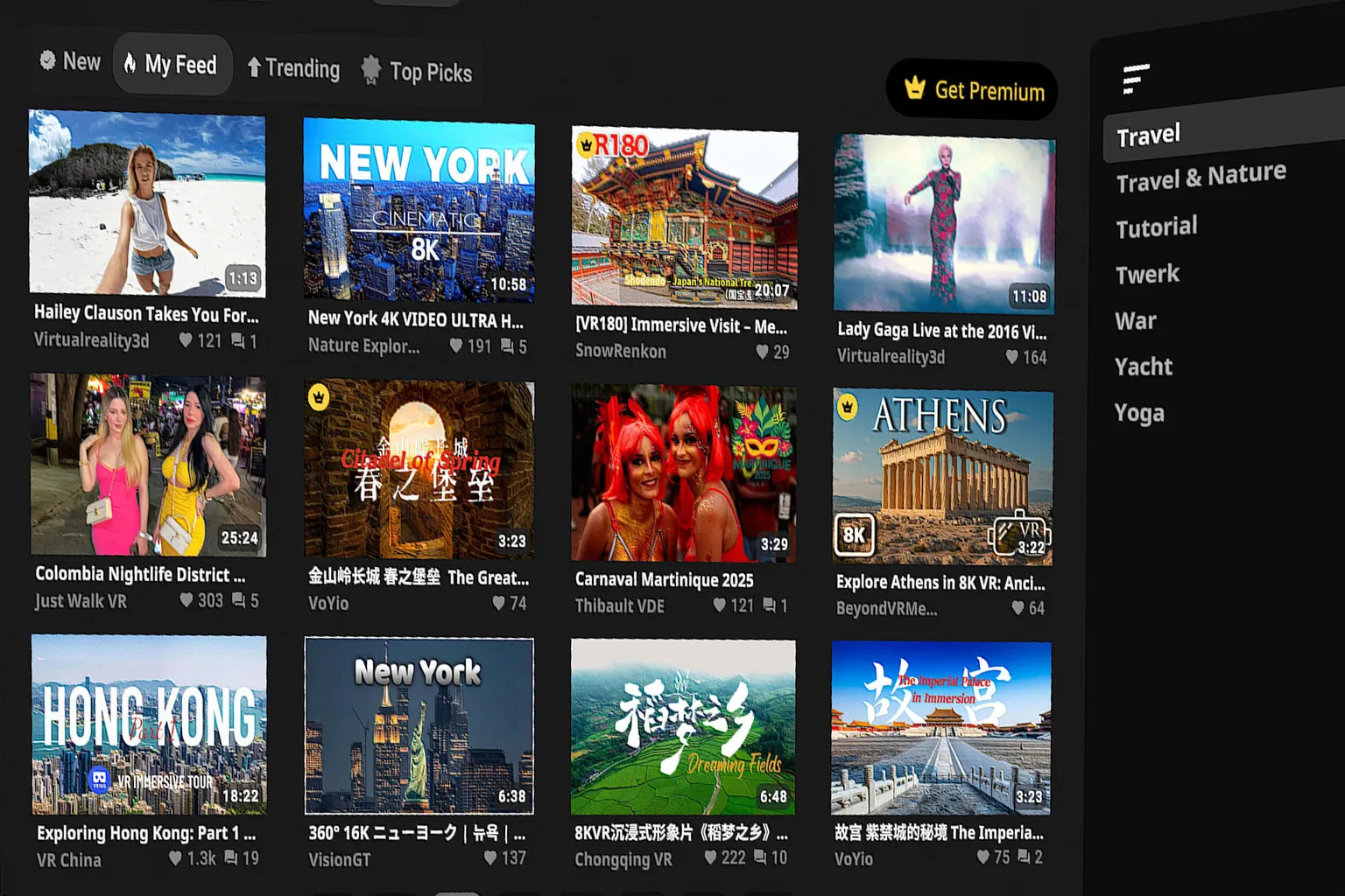 DeoVR の映像メニュー。Travel カテゴリに、没入感ある8K旅行映像のサムネイルが並ぶ。