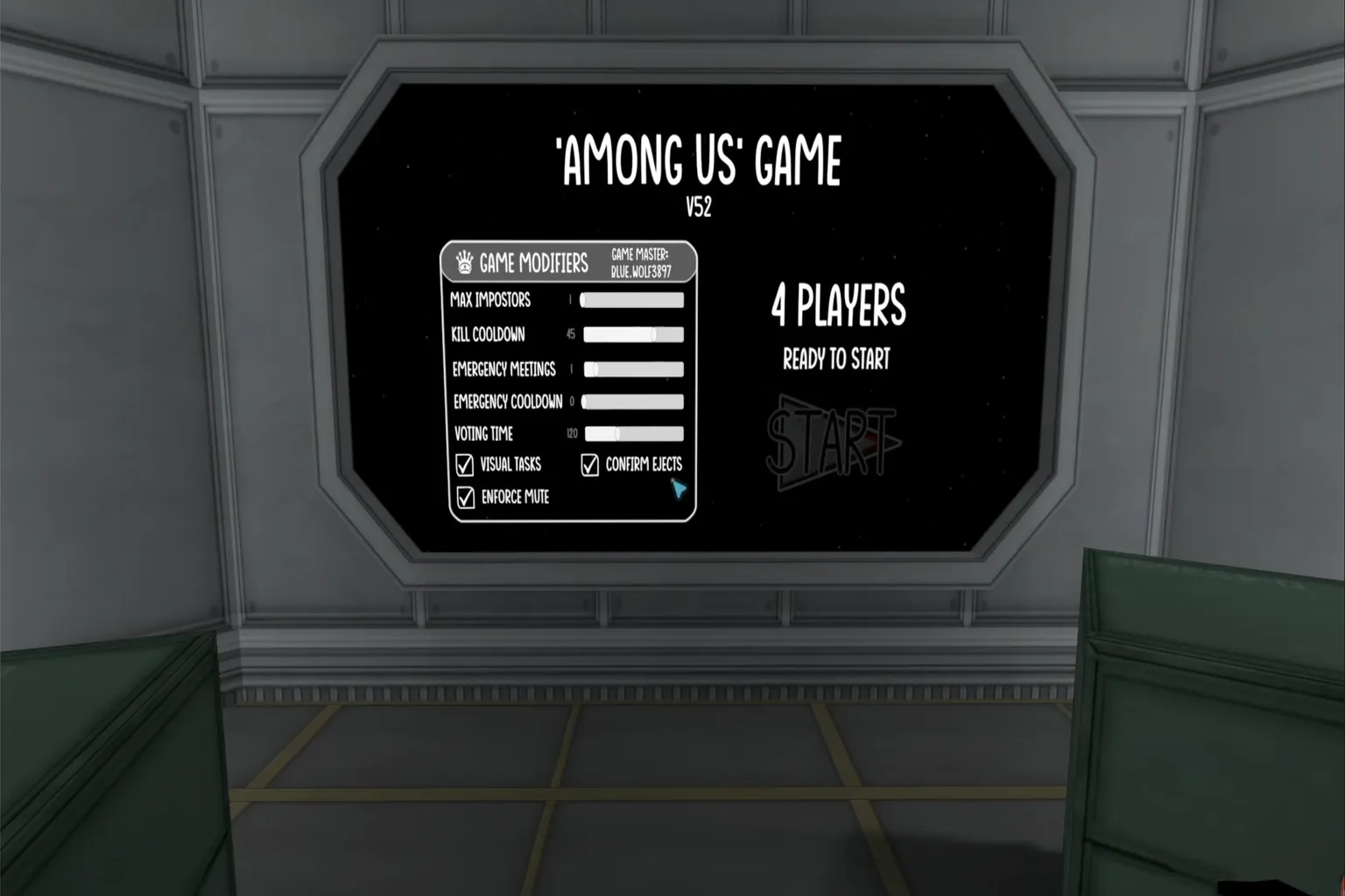 VRChat版「Among Us」のロビー画面では、 プレイヤーたちが集まってゲームルールや人数を設定中。 みんな準備ができたら、いよいよミッションスタートだ。