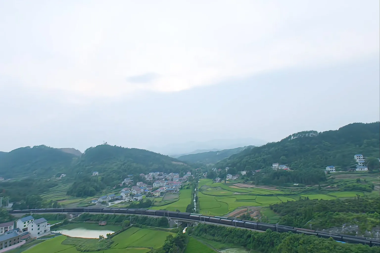 8K VR映像『稲夢の郷』。段々に広がる田んぼと遠くの山並みが映し出され、自然の息づかいを感じる。