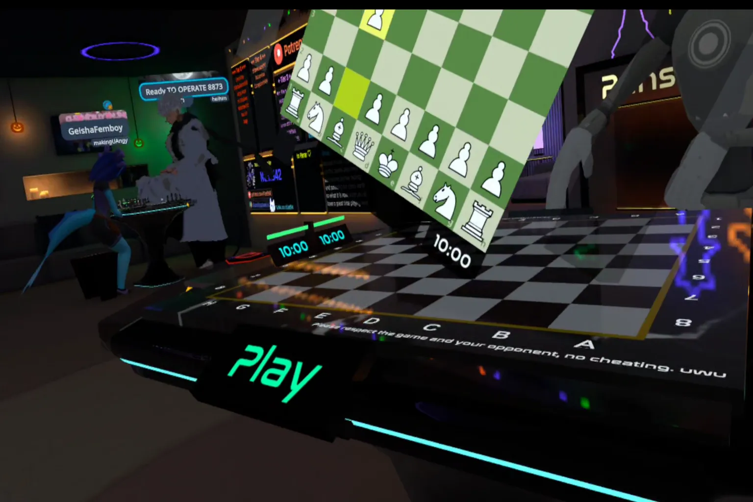 盤面が緑色に光って「Play」と表示されたら、対局スタートの合図。 手を伸ばして駒をつかみ、画面には「離して駒を置く」っていう小さなヒントが出る。