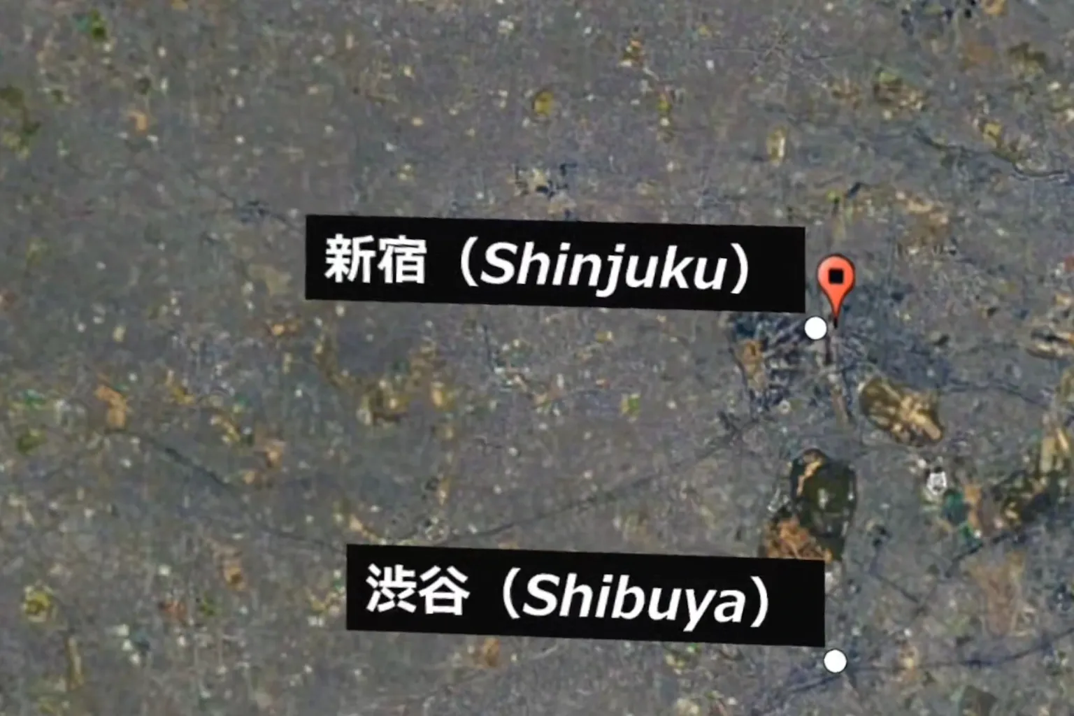 地図画面に東京の新宿と渋谷がマークされ、次のVR探索スポットとして示されている。