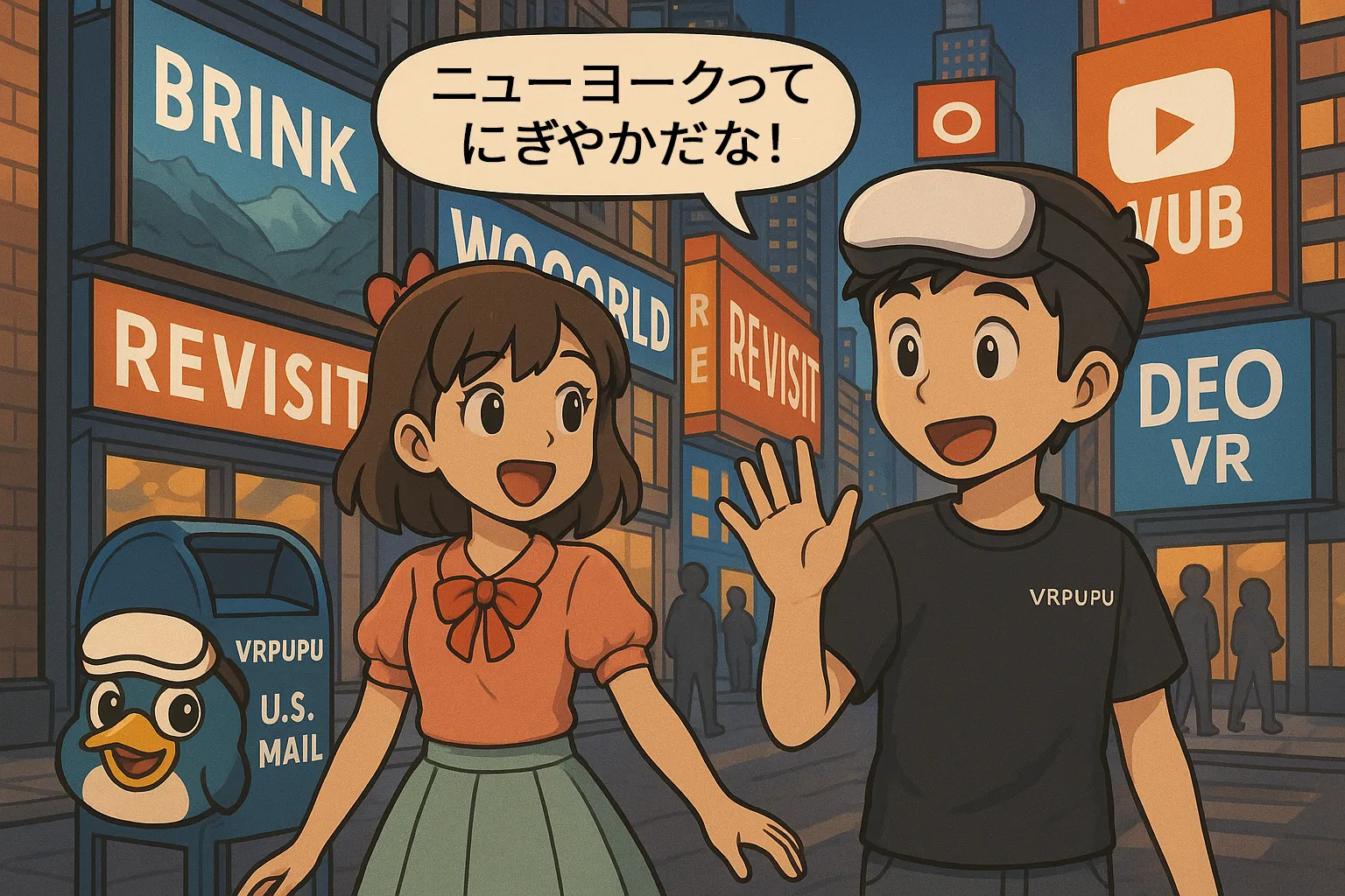 谷谷と盟盟がニューヨークの街を歩く。まわりには Brink、Wooorld、Revisit、DeoVR の看板が輝き、盟盟が「ニューヨークってにぎやかだね！」と笑う。背景にはVRPUPUのポストとネオンきらめく街並み。