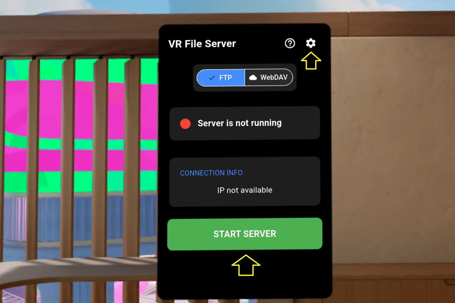 VR File Server で FTP モードを選んだところ。赤いドットが「まだサーバー起動してないよ」と知らせていて、START SERVER を押すまで待機中。