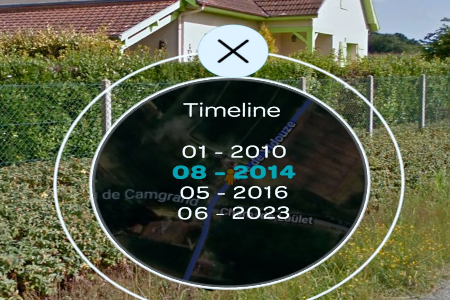 Wander のタイムライン機能画面。2010年から2023年までの各年の映像がリスト表示され、背景にはフランスの田舎道が見える。
