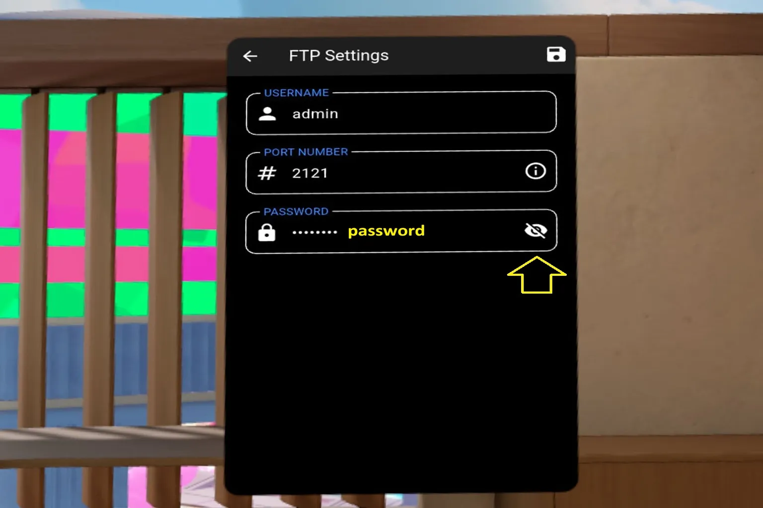 VR File Server の FTP 設定画面。ユーザー名 admin、ポート 2121。セキュリティのためにパスワードも設定できる。