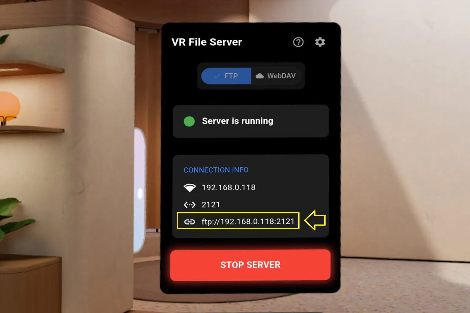 Quest 3 の FTP サーバーが起動済みの画面。IP アドレスとポート番号、ftp:// での接続 URL が表示されていて、PC から Wi-Fi でファイル交換できる状態。