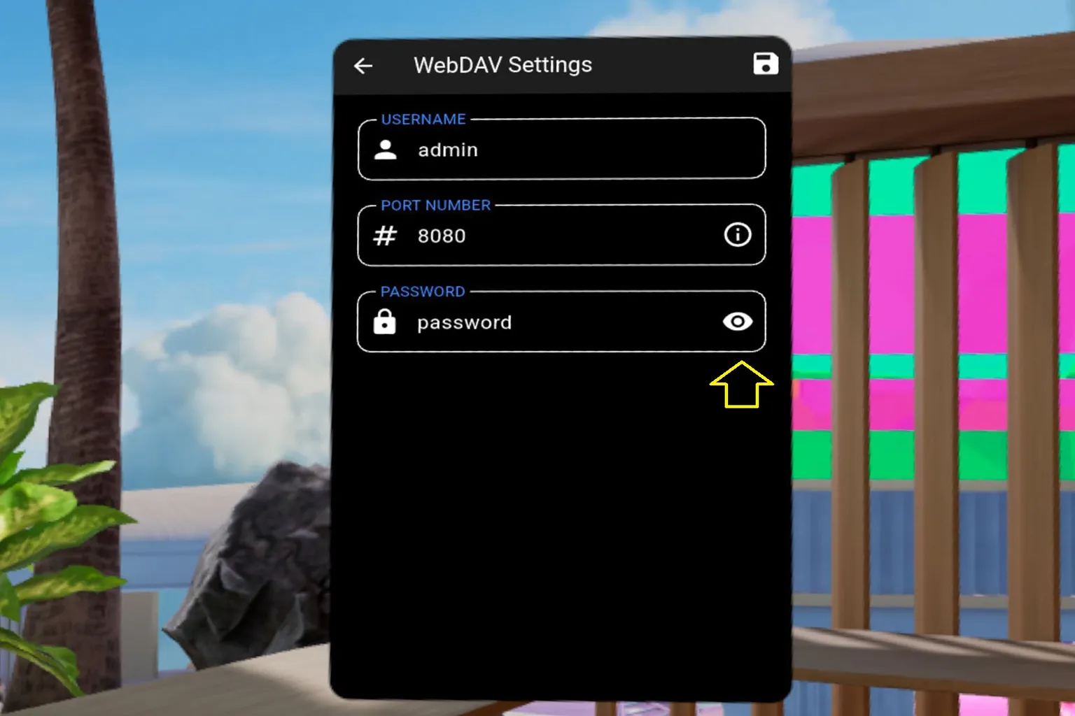 WebDAV の設定ページ。ユーザー名 admin、ポート 8080、パスワード password。これで HTTP ベースのファイルサービスを起動できる準備が整っている。