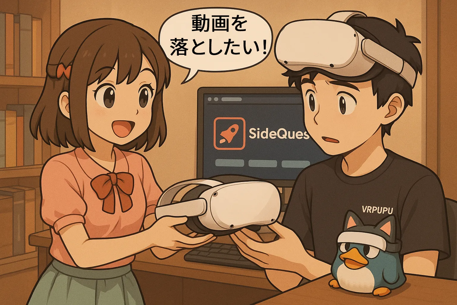 盟盟が Meta Quest 3 を谷谷に渡しながら「動画ダウンロードしたい」とお願いしている場面。背景のPCには SideQuest が映っていて、机の上にはヘッドセットをかぶった VRPUPU ペンギンが置いてある。