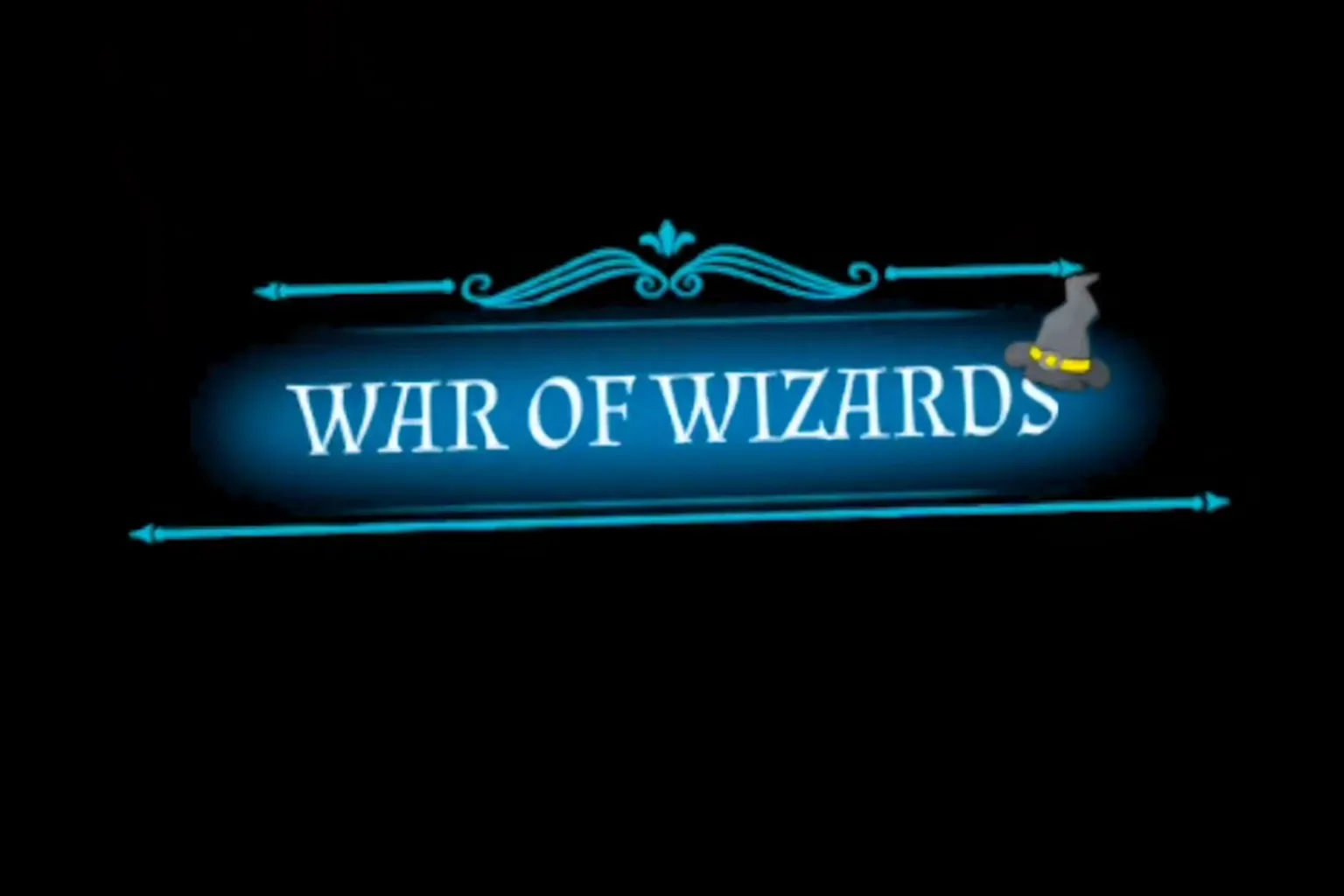 War of Wizards のタイトル画面、魔法世界を象徴するロゴが暗い背景に浮かぶ演出