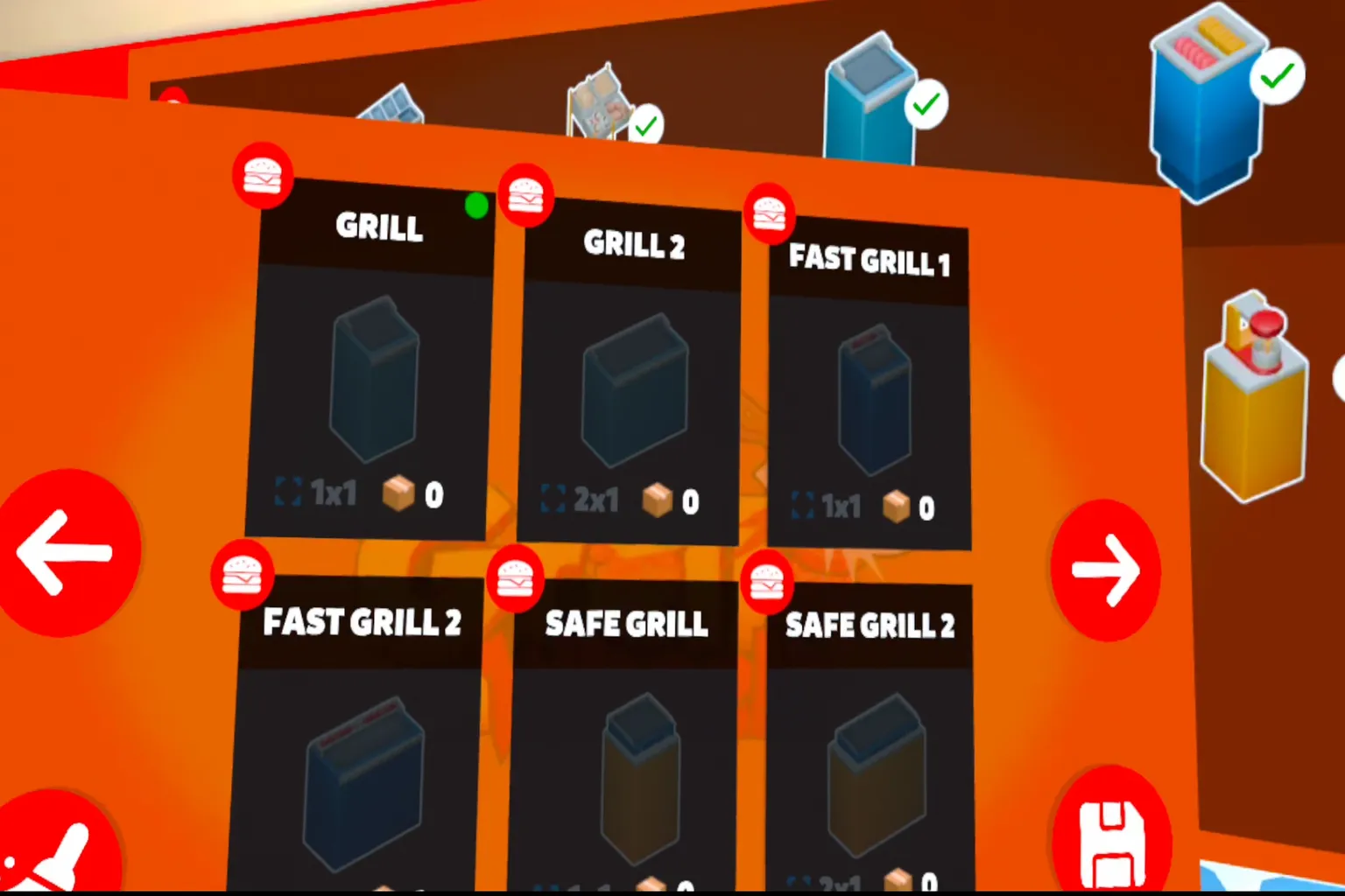 ゲーム内の設備アップグレード画面。Grill、Fast Grill、Safe Grill など複数のグリルが選択できる。