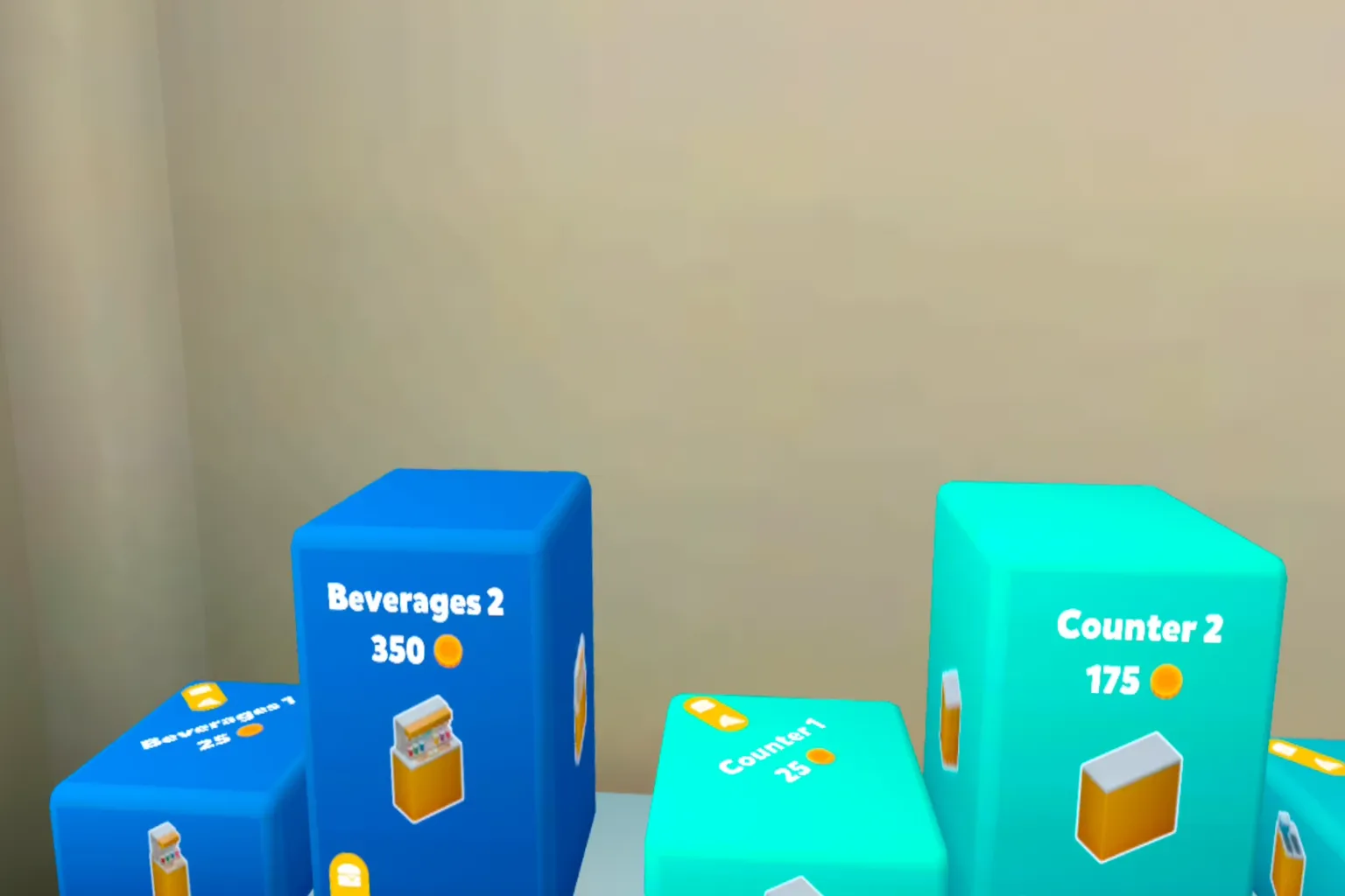 ゲーム内の設備購入画面。Beverages 2 と Counter 2 のアップグレード枠が表示され、コインで新しい設備を解放できる。