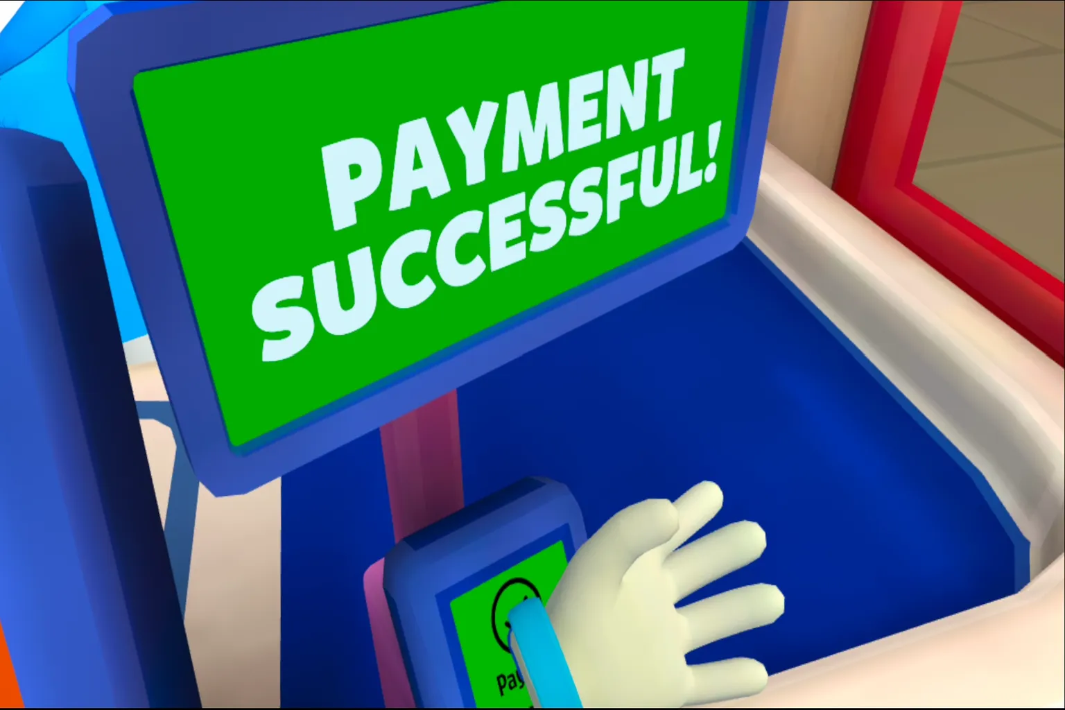 Grill on Wheels のゲーム内決済画面。「PAYMENT SUCCESSFUL!」と表示された緑色のモニターと、カウンターで支払い操作を行うプレイヤーの手が映っている。