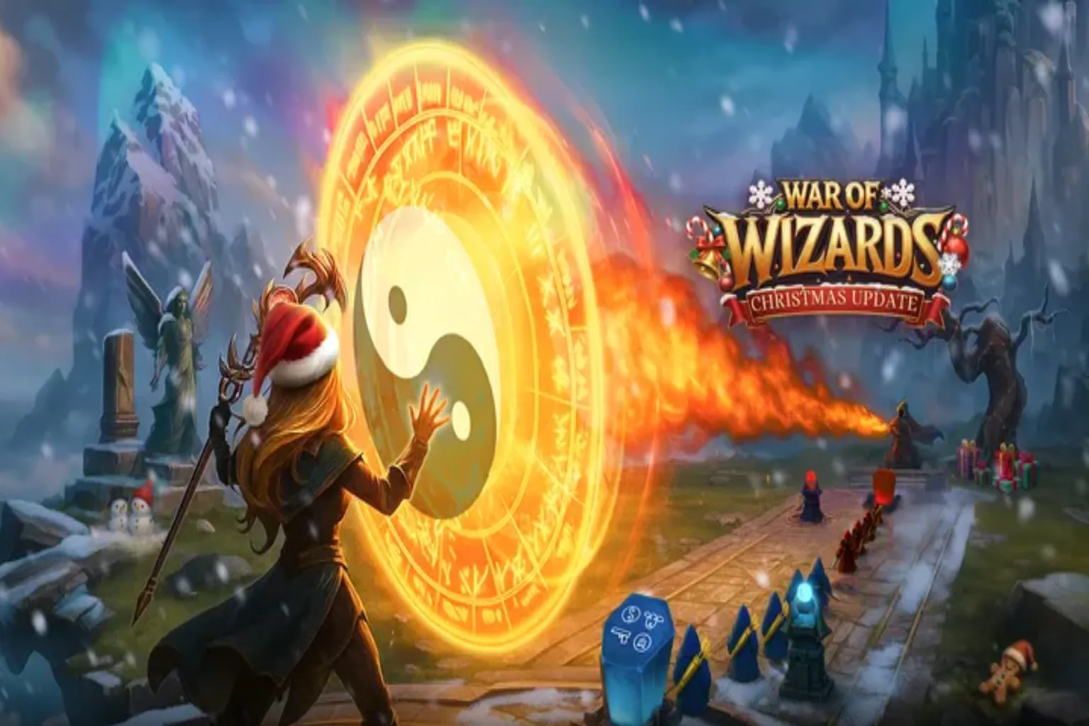 War of Wizards のクリスマスアップデート画面、魔法の防御シールドでドラゴンの炎攻撃を防ぐバトル演出