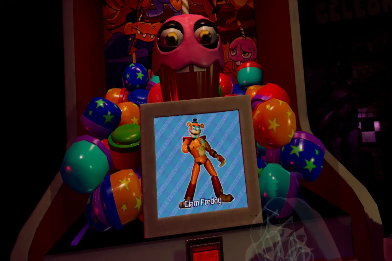 ガチャマシンの画面。Glam Freddy のカードとカラフルなボールプールの背景が見える