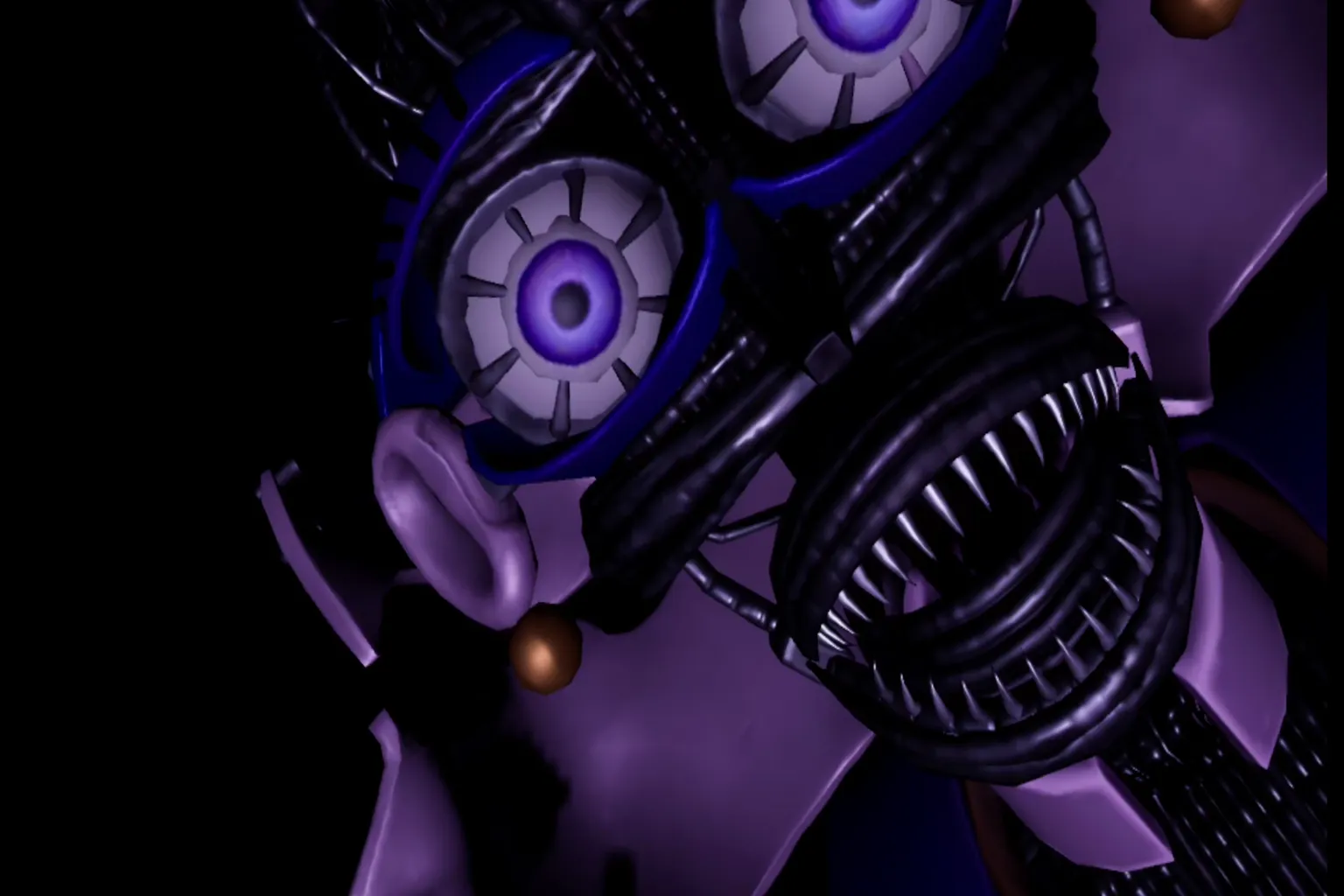 Ballora が口を開けて迫る至近距離のジャンプスケア画面