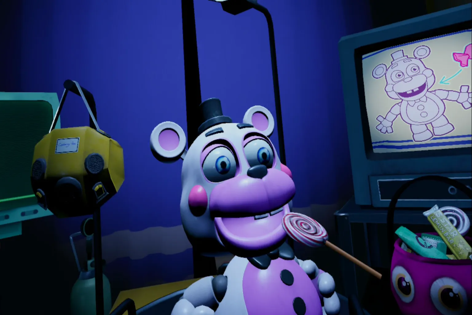 Helpy のお世話ミニゲーム。プレイヤーがキャンディを Helpy に食べさせ、横には時間と気分の表示がある