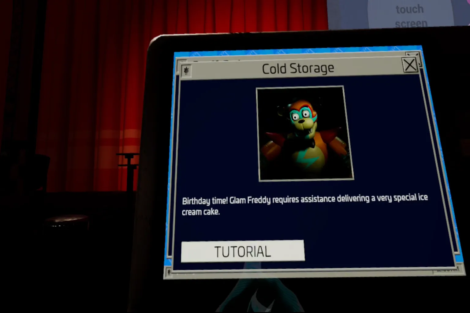 Cold Storage のチュートリアル画面。Glam Freddy がバースデーケーキを運ぶのを手伝うように表示されるヒント