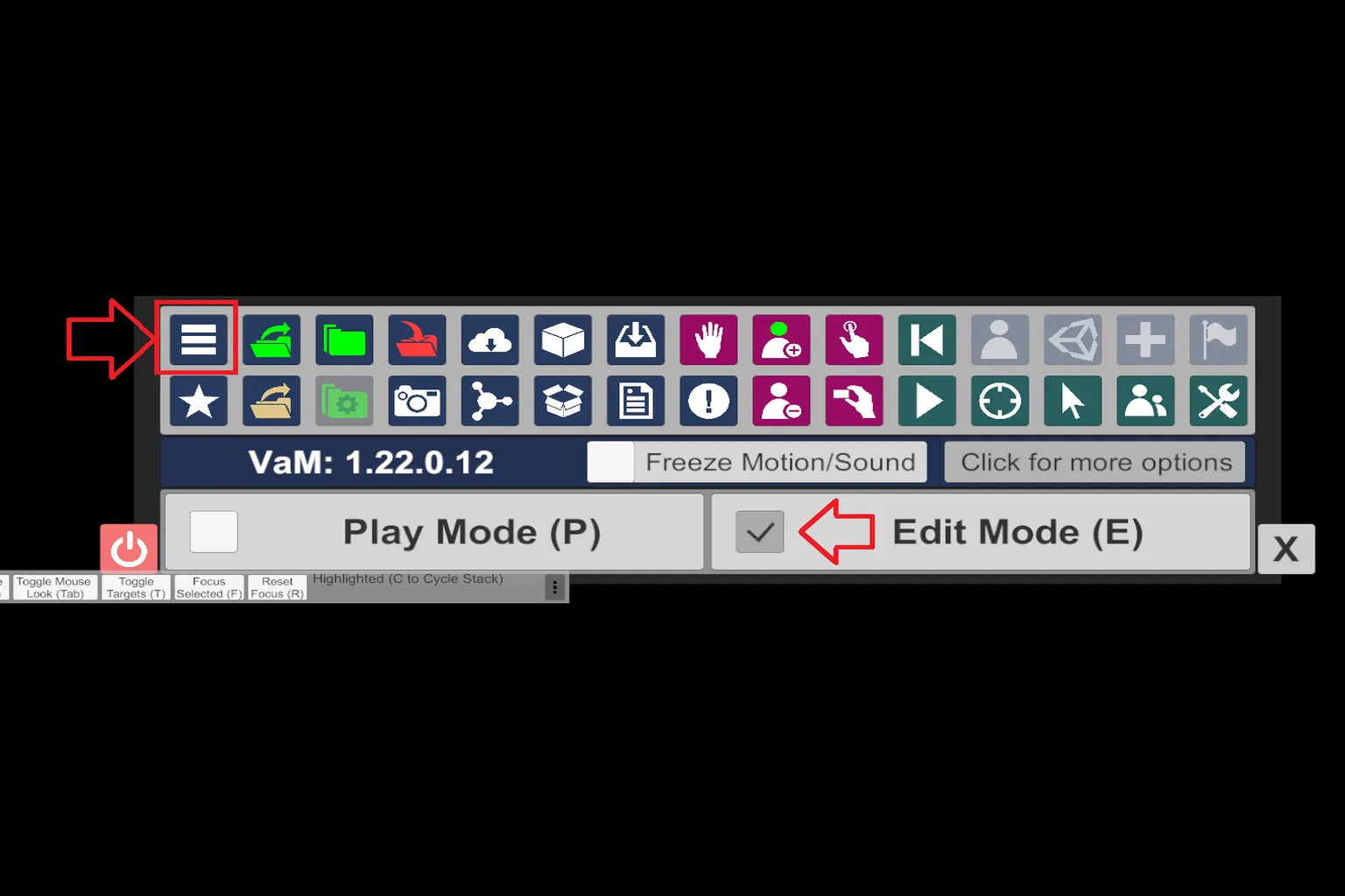 VaMの画面でEdit Modeにチェックが入っていて、プレイモードから編集モードに切り替わってる状態