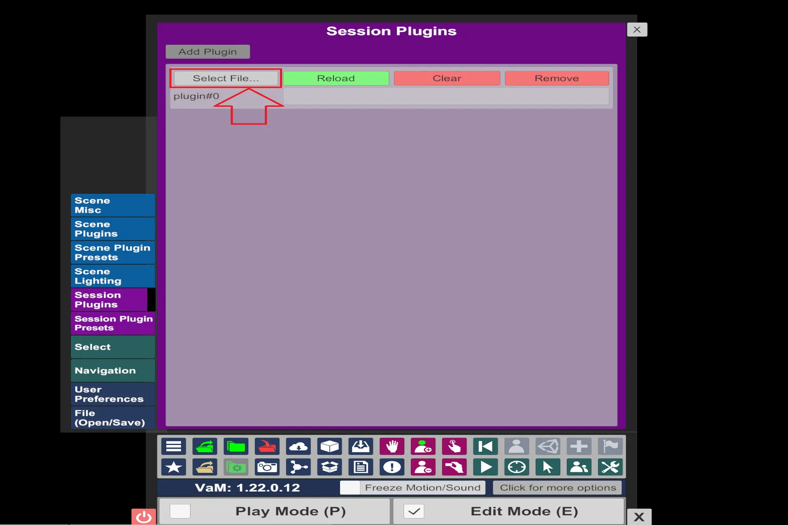 VaMのSession Pluginsパネル。プラグインファイルを読み込むためのSelect Fileボタンが表示されてる