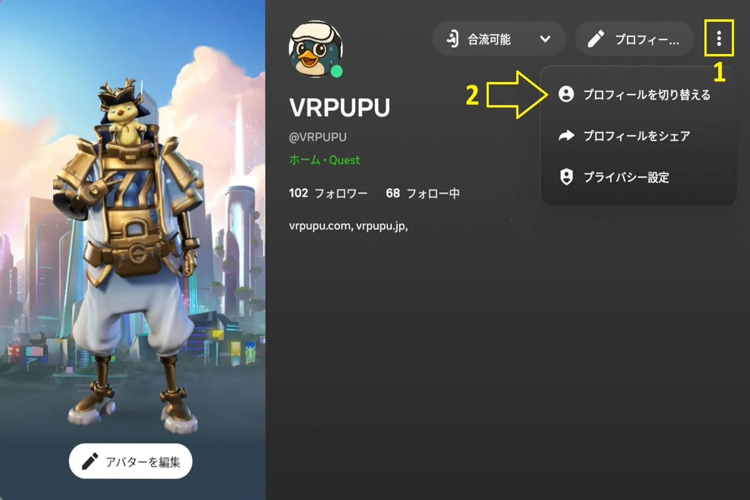 Meta Questのプロフィール画面でメニューを開き、「プロフィールを切り替える」を選択する操作画面