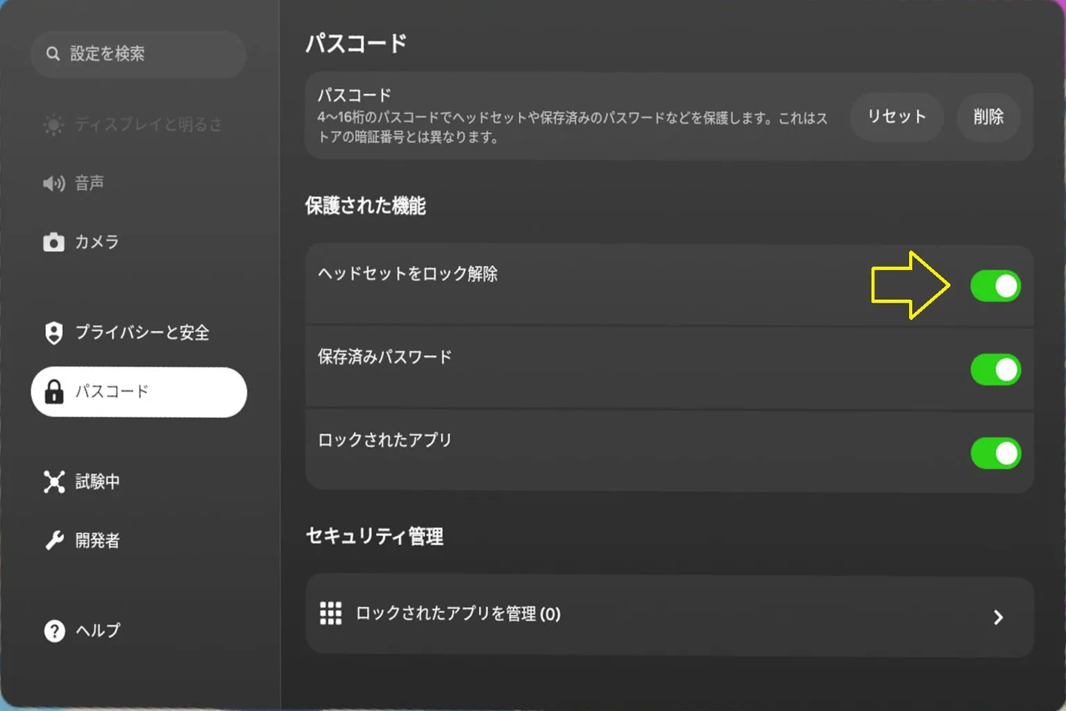 Meta Questのパスコード設定画面で「ヘッドセットをロック解除」などの保護機能をオンにしてパスコード保護を有効化する画面