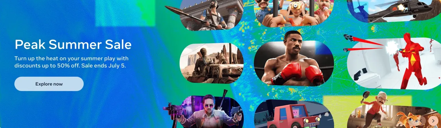 Meta QuestのPeak Summer Sale公式バナー。複数のVRゲーム画面が並び、最大50％オフの夏セールを案内している。