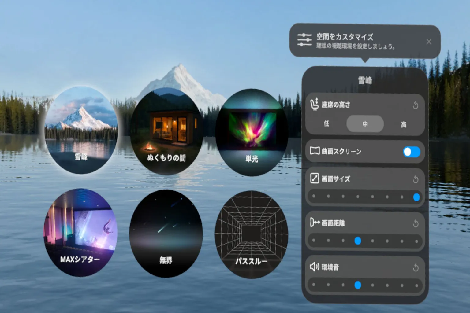 NEX Video Playerの空間カスタマイズ画面で、雪峰、ぬくもりの間、単光、MAXシアターなどの視聴環境を選んでいる画面