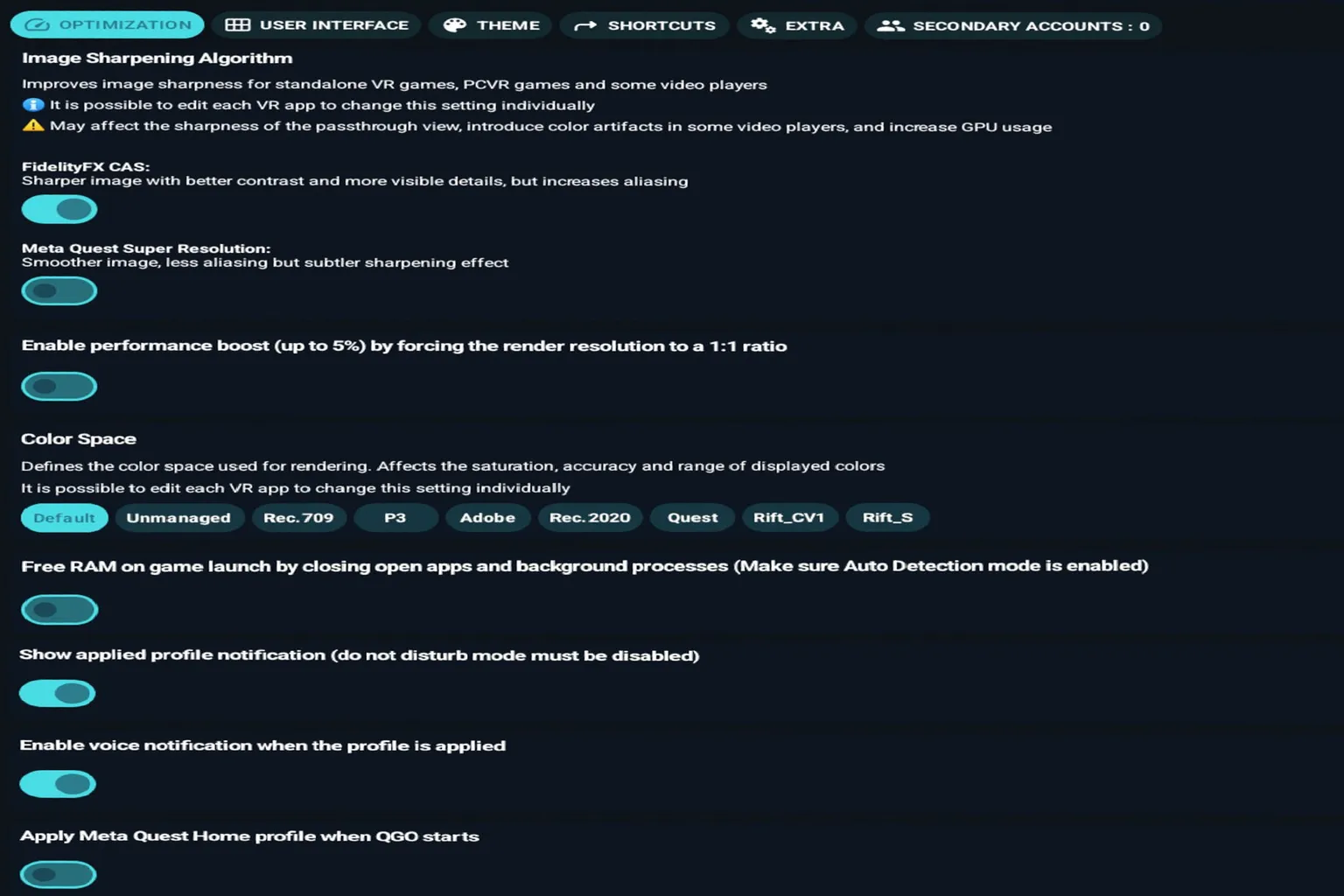 Quest Games Optimizer v14の最適化設定画面
