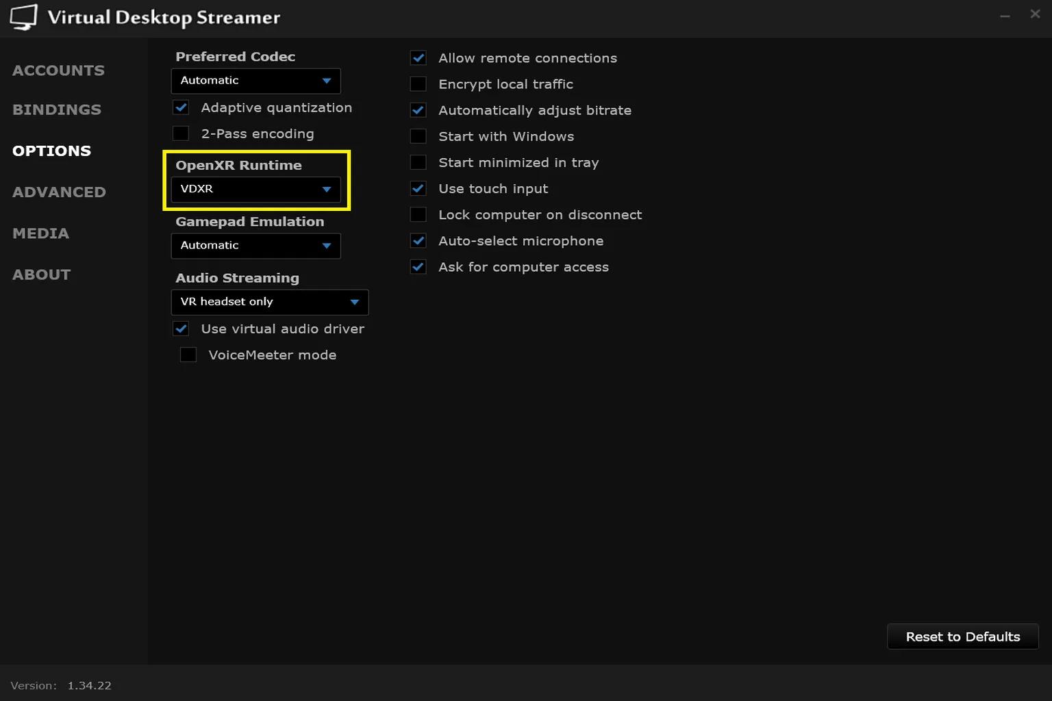 Virtual Desktop Streamer で OpenXR Runtime を VDXR に設定