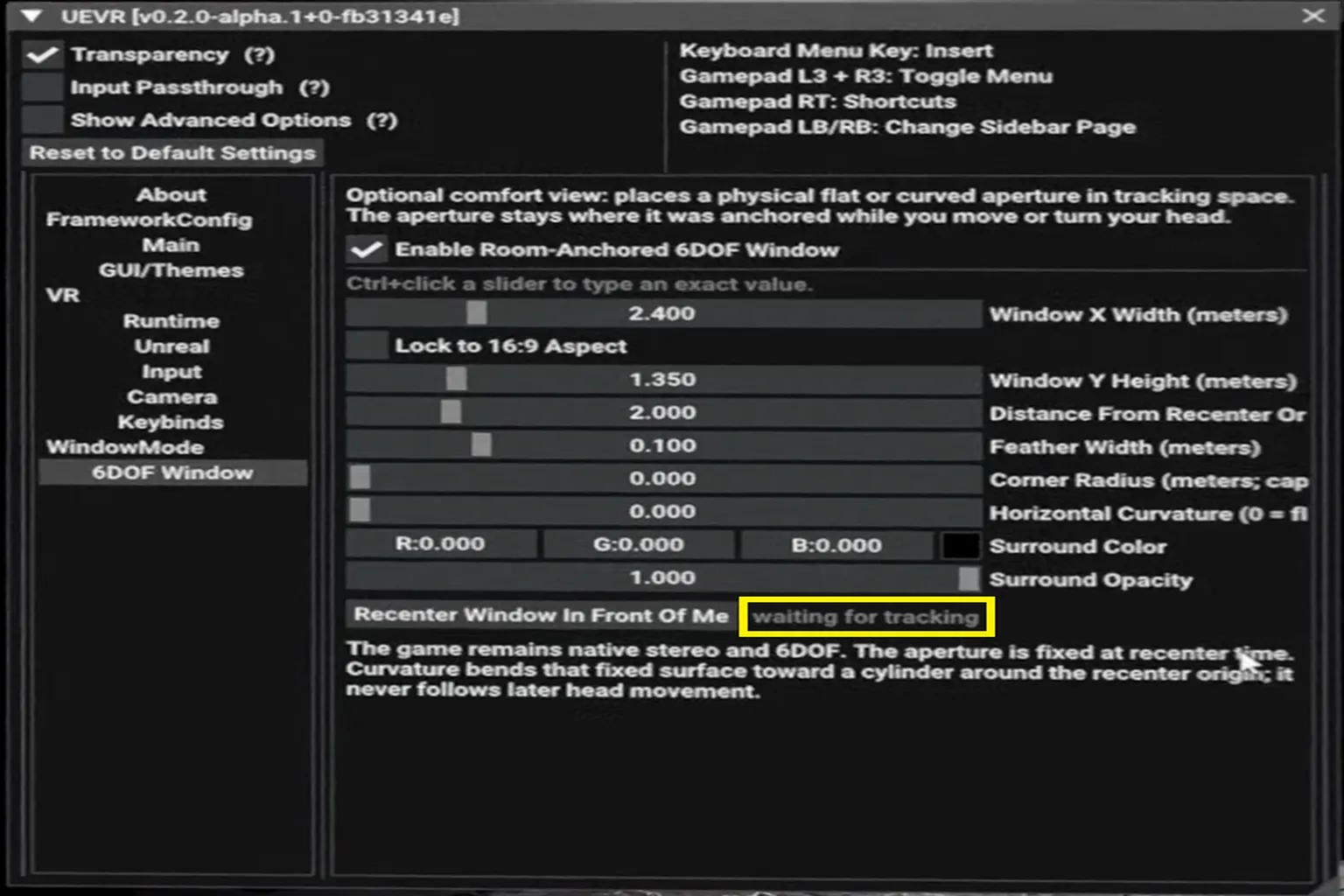 UEVR 6DOF Window に waiting for tracking と表示され、ヘッドセットのトラッキング情報を取得できておらず、ポータルモードを正常に起動できない状態