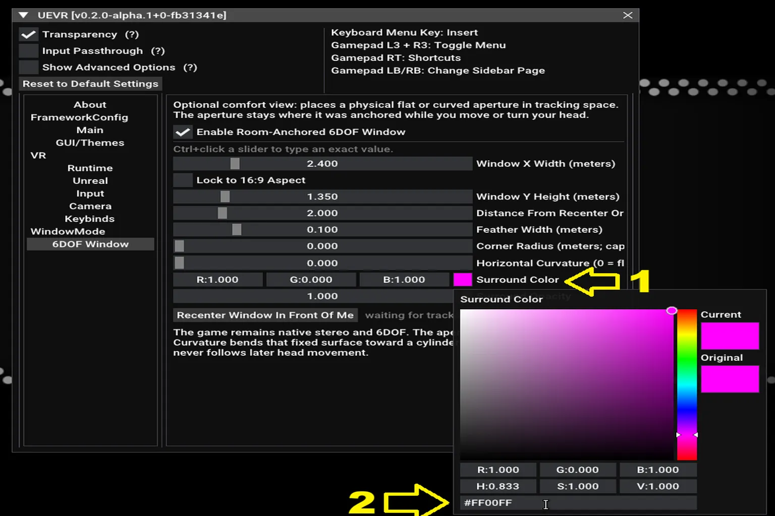 UEVR 6DOF Window の Surround Color をマゼンタの #FF00FF に設定