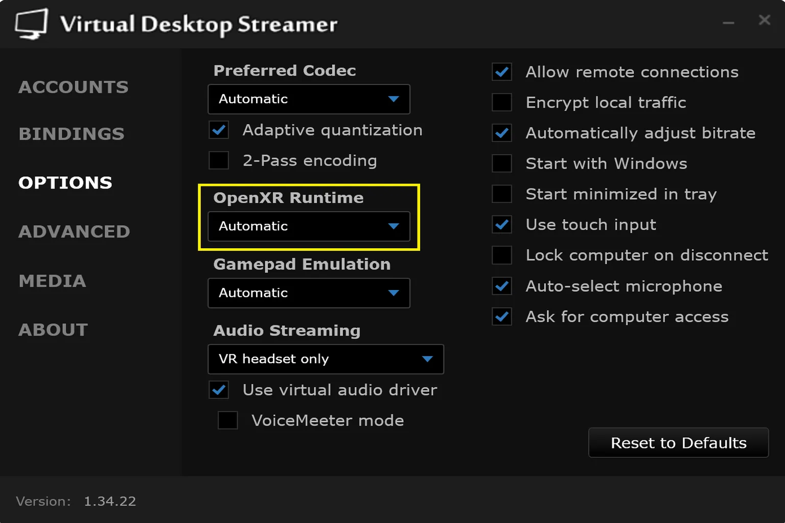 Virtual Desktop Streamer の OpenXR Runtime 設定画面