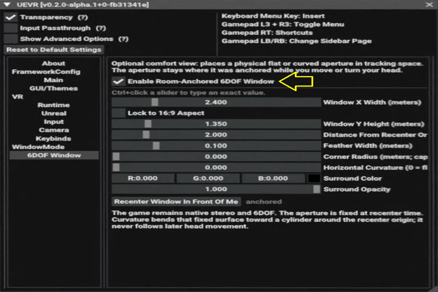 UEVR 6DOF Window の設定で Room-Anchored 6DOF Window を有効化